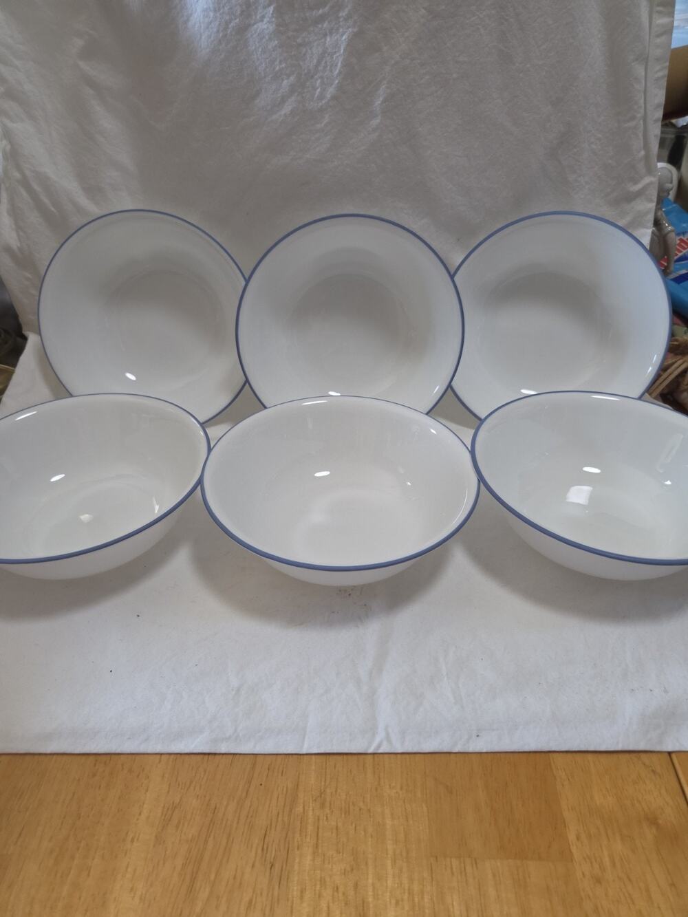 Vtg Corelle 6 "Memphis" White Blue Trim 7 1/4in. Cereal Soup Bowls